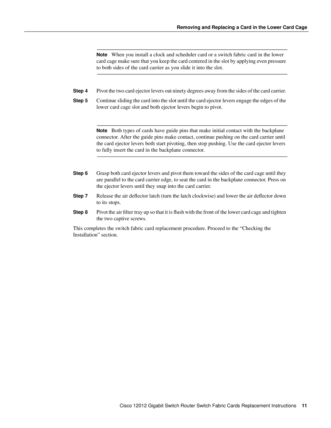 Cisco Systems GSR12-SFC=, GSR12-CSC= manual Removing and Replacing a Card in the Lower Card Cage 