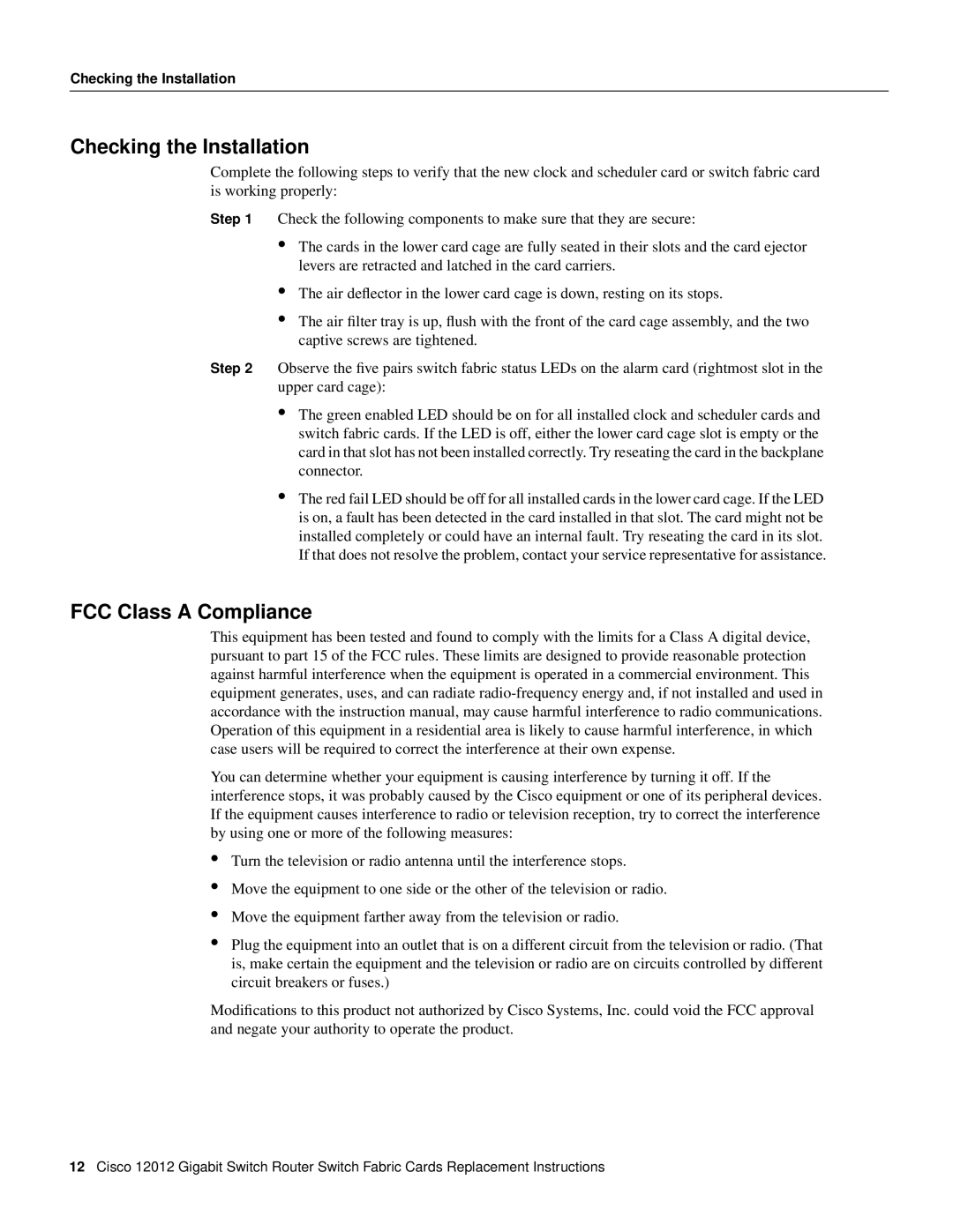 Cisco Systems GSR12-CSC=, GSR12-SFC= manual Checking the Installation, FCC Class a Compliance 