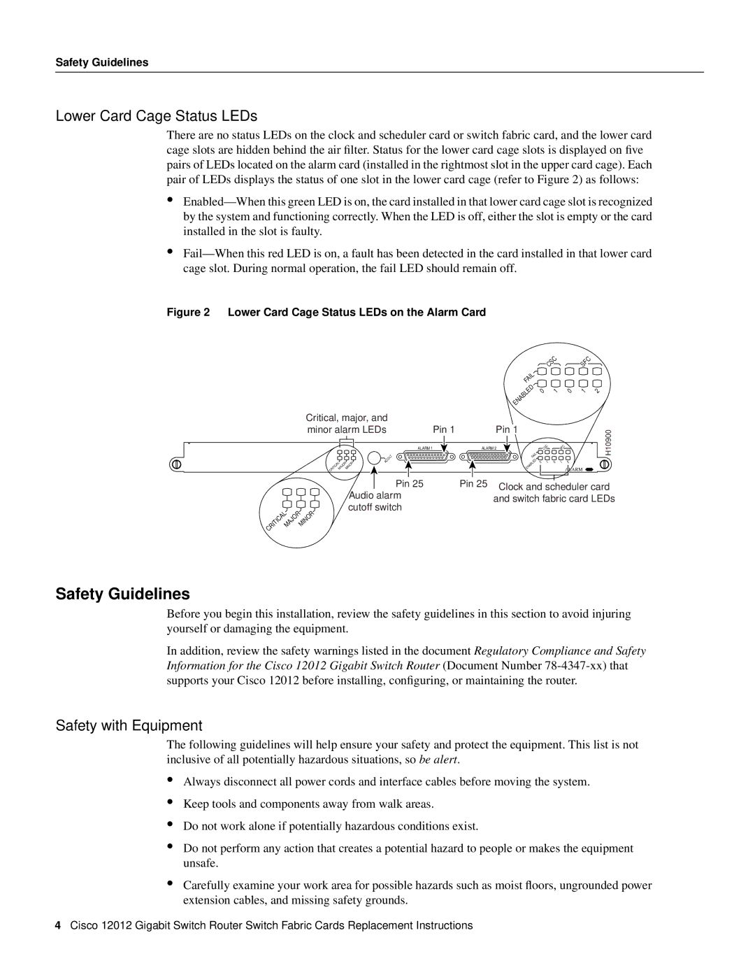 Cisco Systems GSR12-CSC=, GSR12-SFC= manual Safety Guidelines, Lower Card Cage Status LEDs, Safety with Equipment 