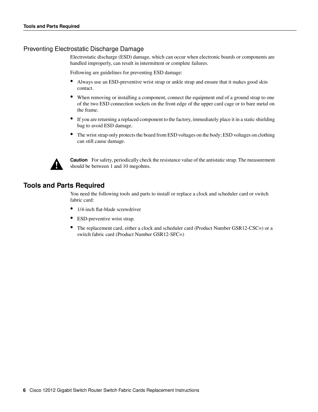 Cisco Systems GSR12-CSC=, GSR12-SFC= manual Tools and Parts Required, Preventing Electrostatic Discharge Damage 