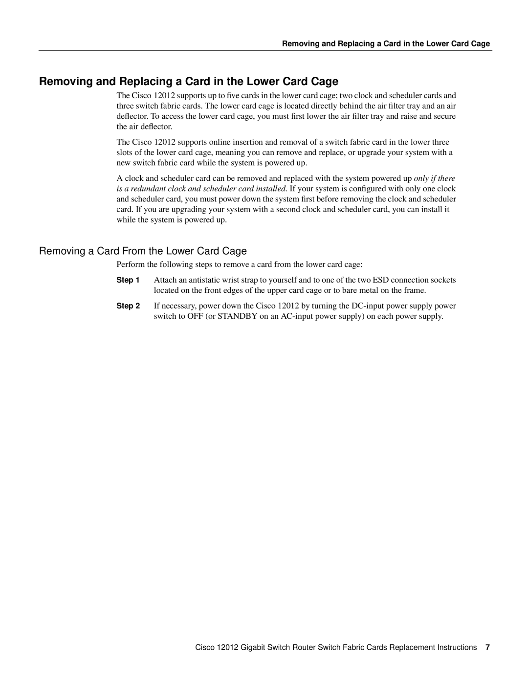 Cisco Systems GSR12-SFC= Removing and Replacing a Card in the Lower Card Cage, Removing a Card From the Lower Card Cage 