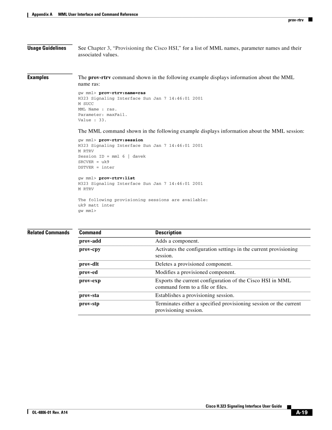 Cisco Systems H.323 manual Name ras, Gw mml prov-rtrvname=ras, Gw mml prov-rtrvsession, Gw mml prov-rtrvlist 