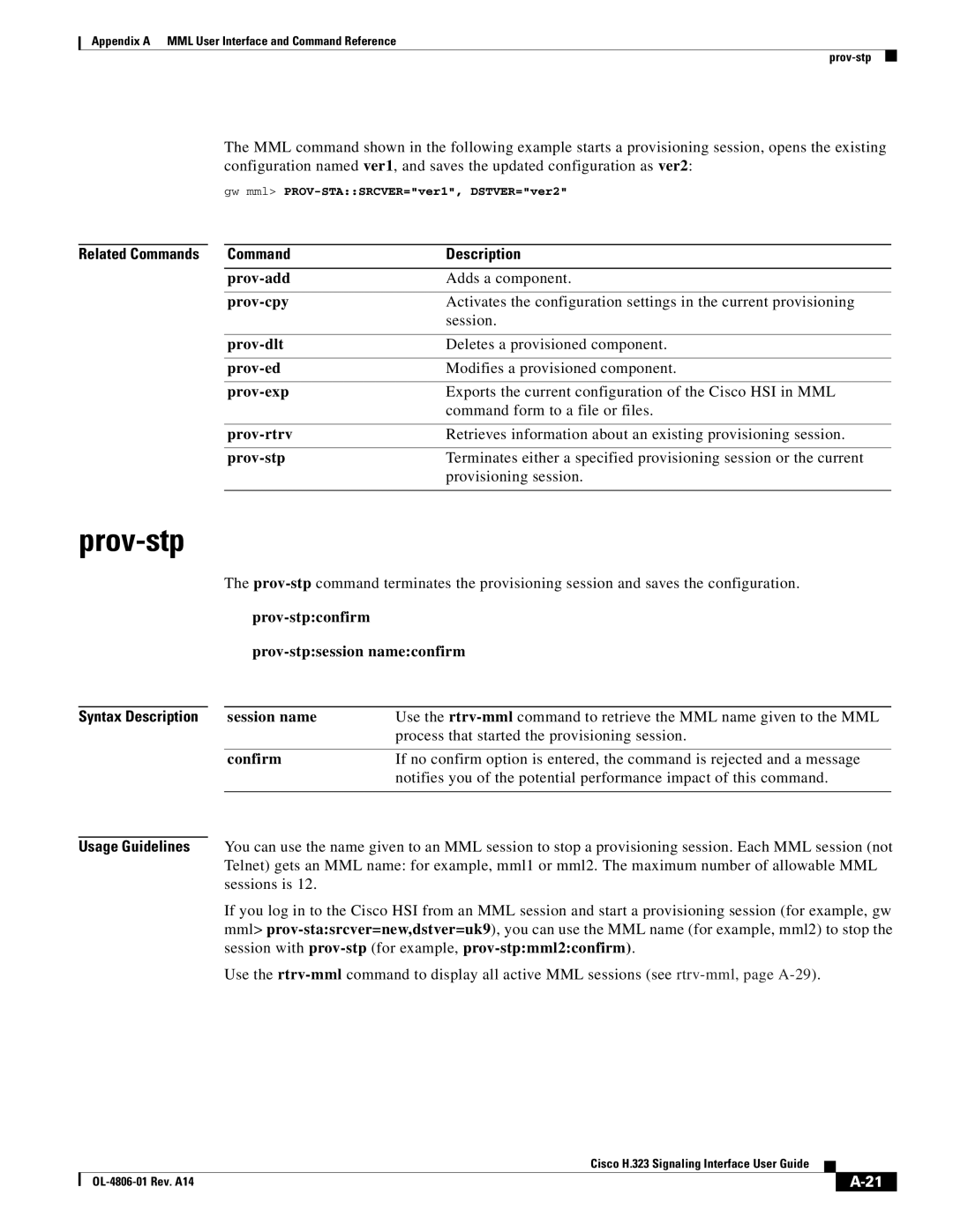 Cisco Systems H.323 Prov-stpconfirm prov-stpsession nameconfirm, Session name, Gw mml PROV-STASRCVER=ver1, DSTVER=ver2 