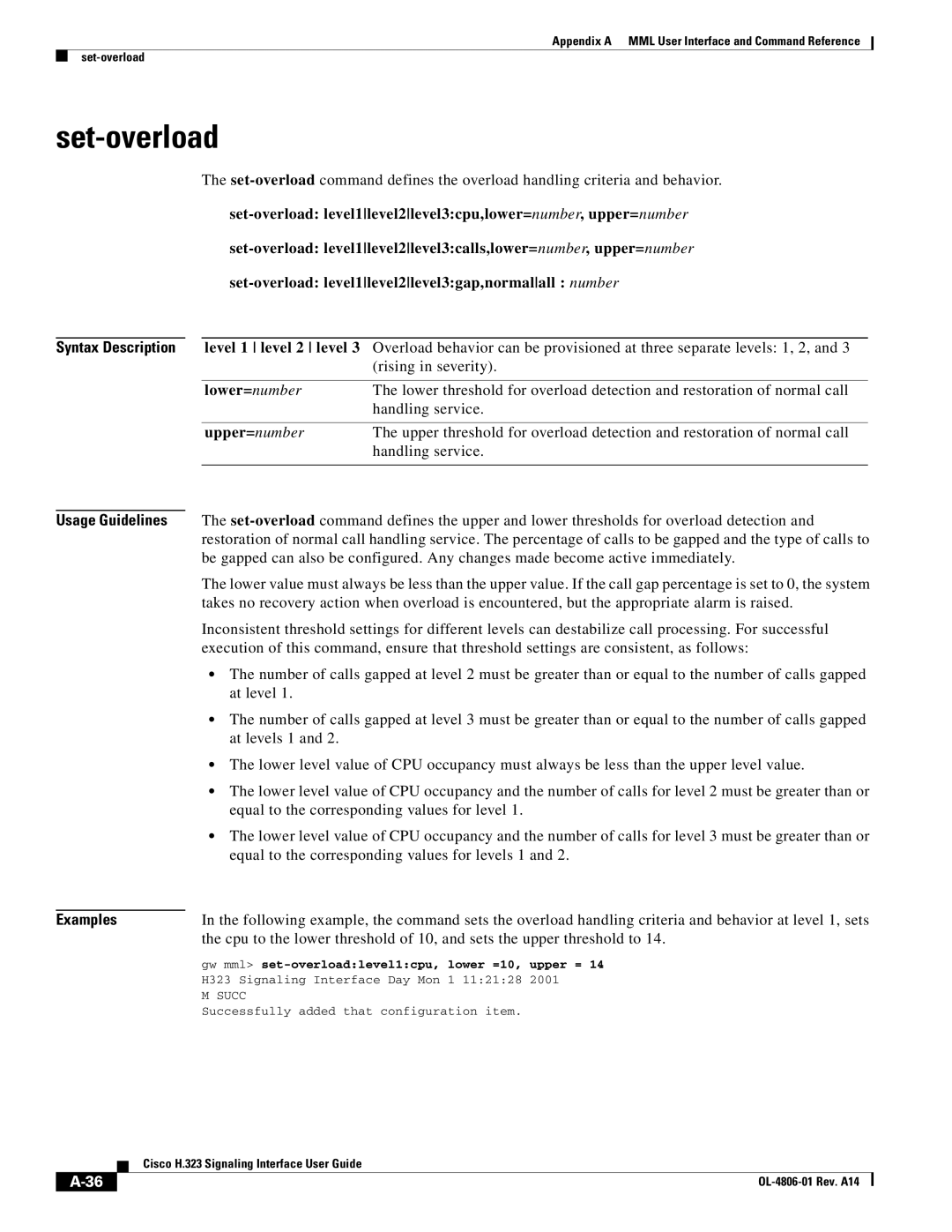 Cisco Systems H.323 manual Set-overload, Level 1 level 2 level, Lower=number, Upper=number 