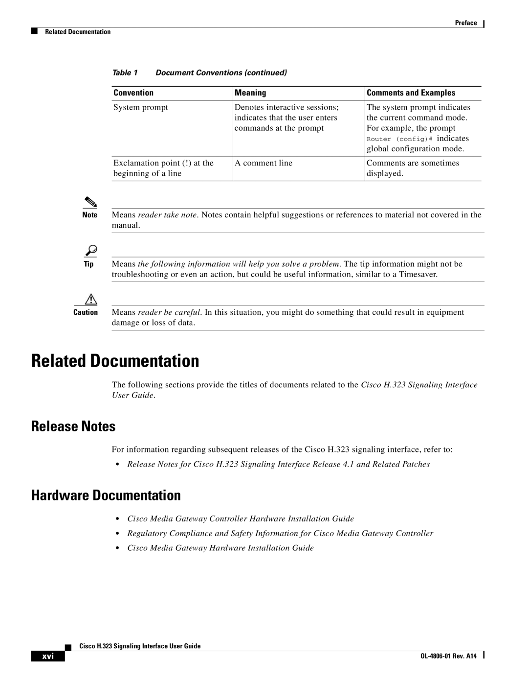 Cisco Systems H.323 Related Documentation, Release Notes, Hardware Documentation, Convention Meaning Comments and Examples 