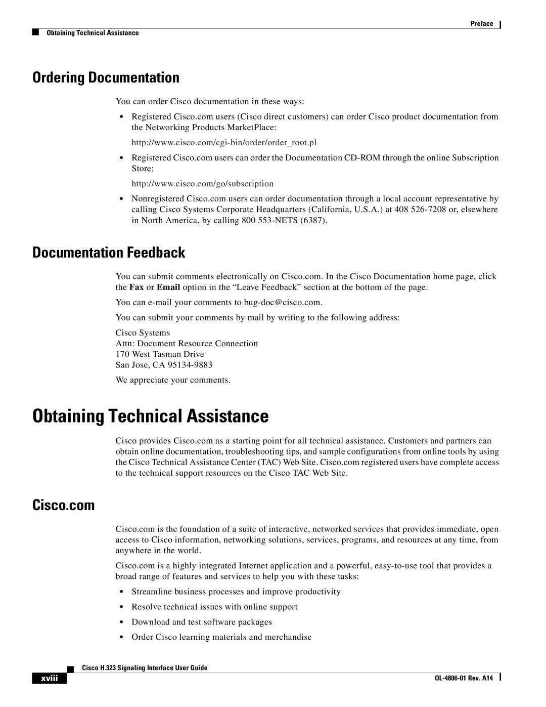 Cisco Systems H.323 manual Obtaining Technical Assistance, Ordering Documentation, Documentation Feedback, Cisco.com 