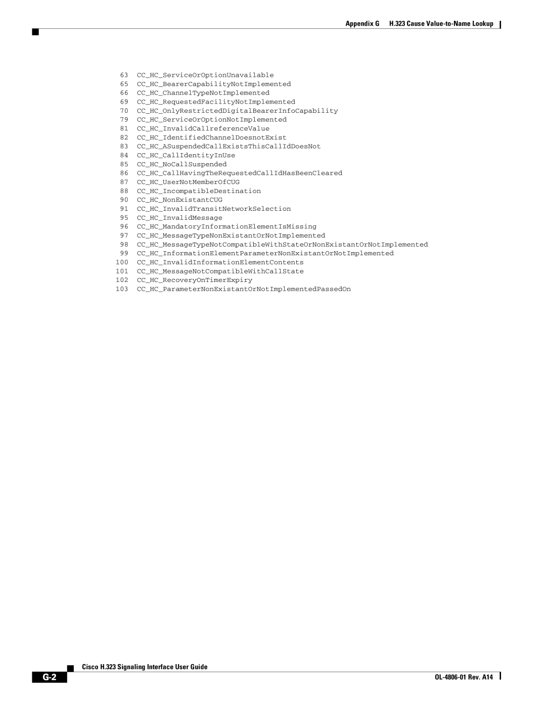 Cisco Systems manual Appendix G H.323 Cause Value-to-Name Lookup 