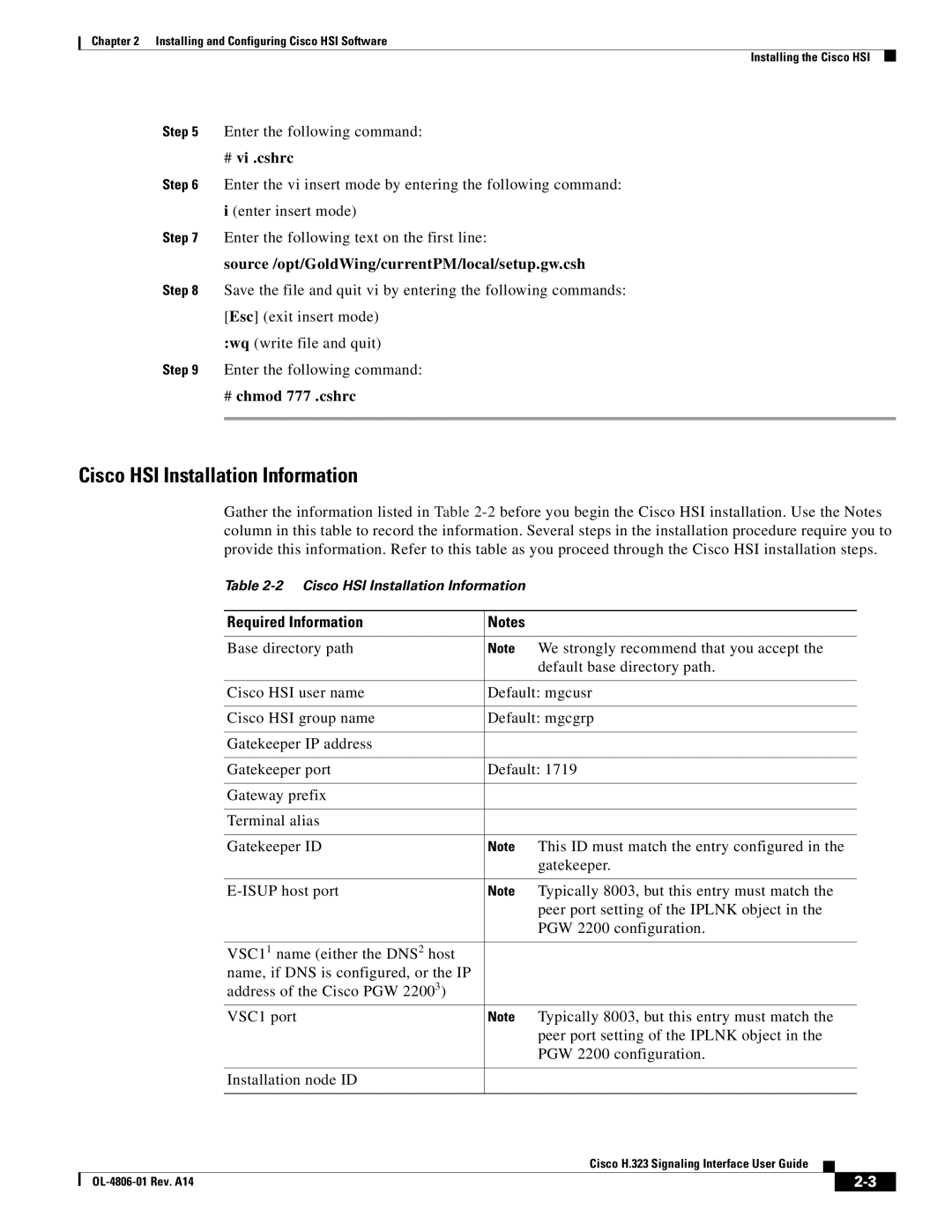 Cisco Systems H.323 Cisco HSI Installation Information, # vi .cshrc, Source /opt/GoldWing/currentPM/local/setup.gw.csh 