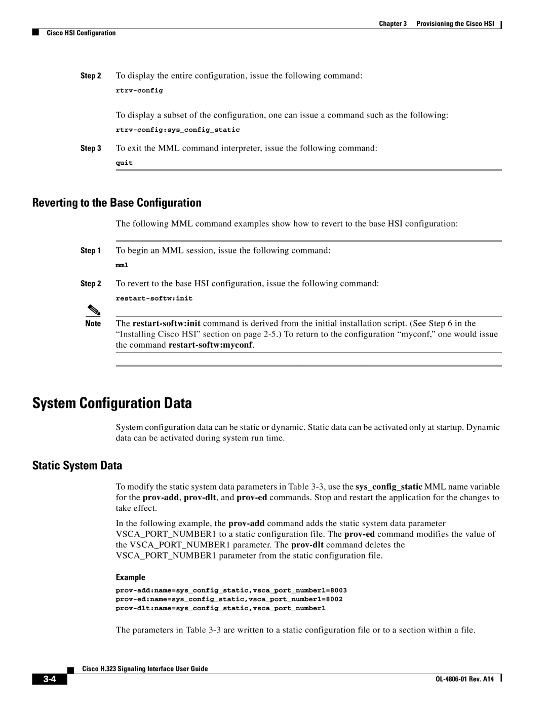 Cisco Systems H.323 manual System Configuration Data, Reverting to the Base Configuration, Static System Data 