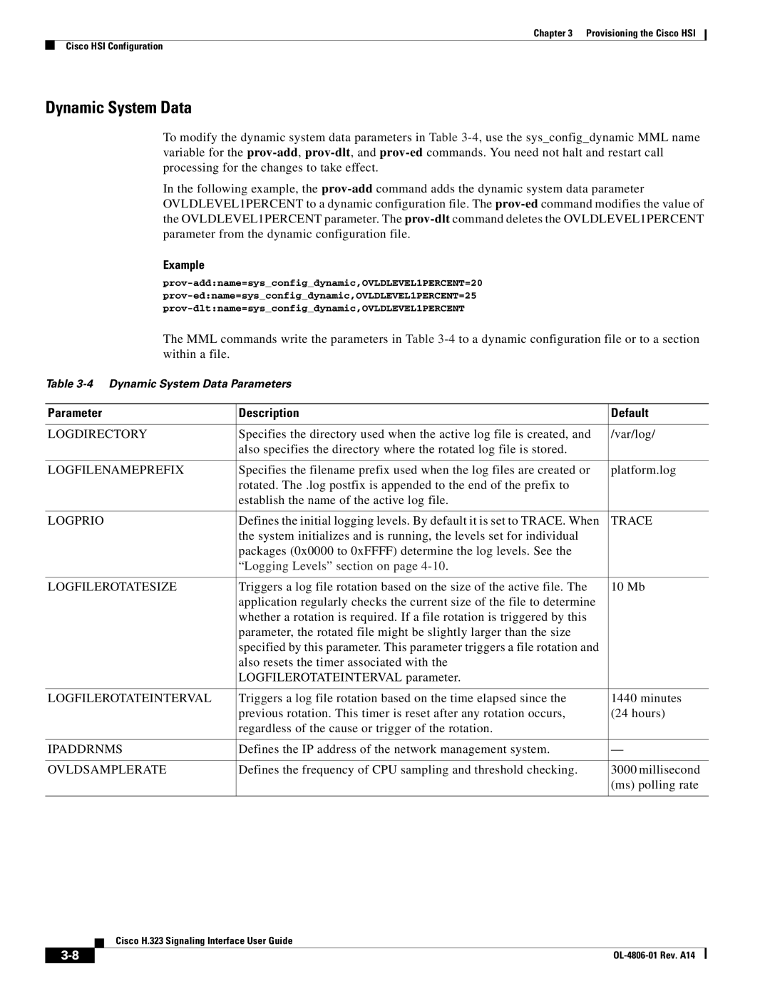 Cisco Systems H.323 manual Dynamic System Data, Parameter Description Default 