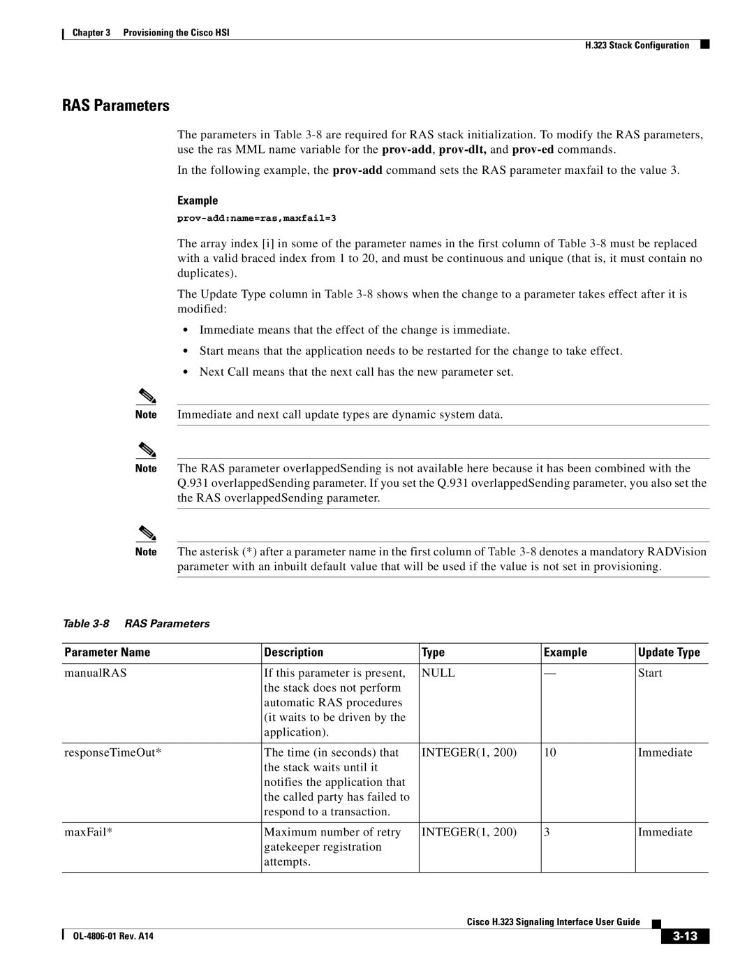 Cisco Systems H.323 manual RAS Parameters, Parameter Name Description Type Example, ManualRAS If this parameter is present 