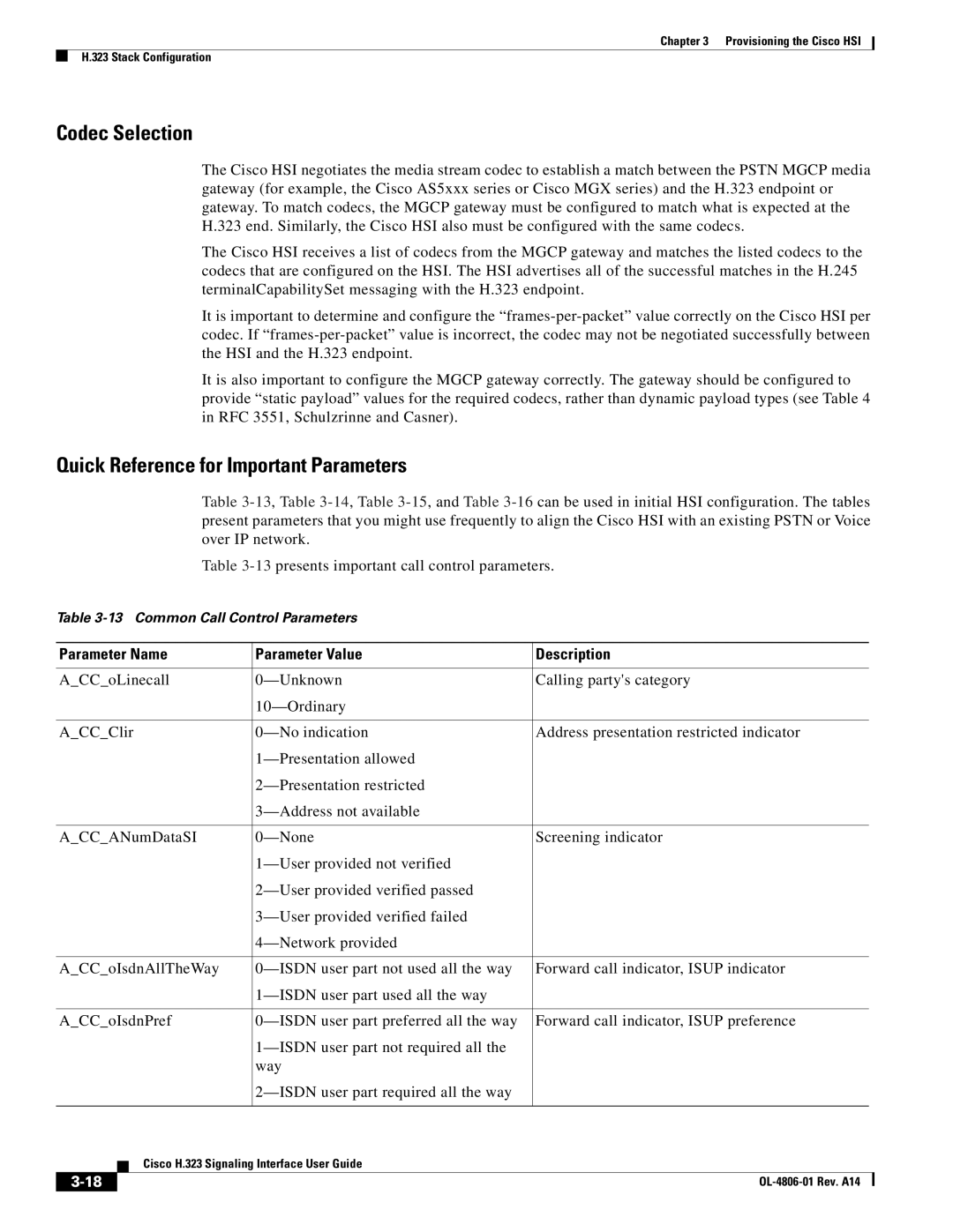 Cisco Systems H.323 Codec Selection, Quick Reference for Important Parameters, Parameter Name Parameter Value Description 