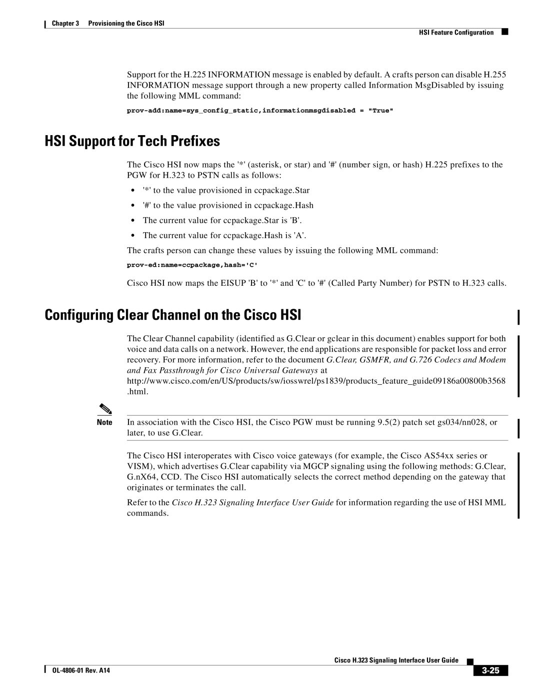 Cisco Systems H.323 manual HSI Support for Tech Prefixes, Configuring Clear Channel on the Cisco HSI 