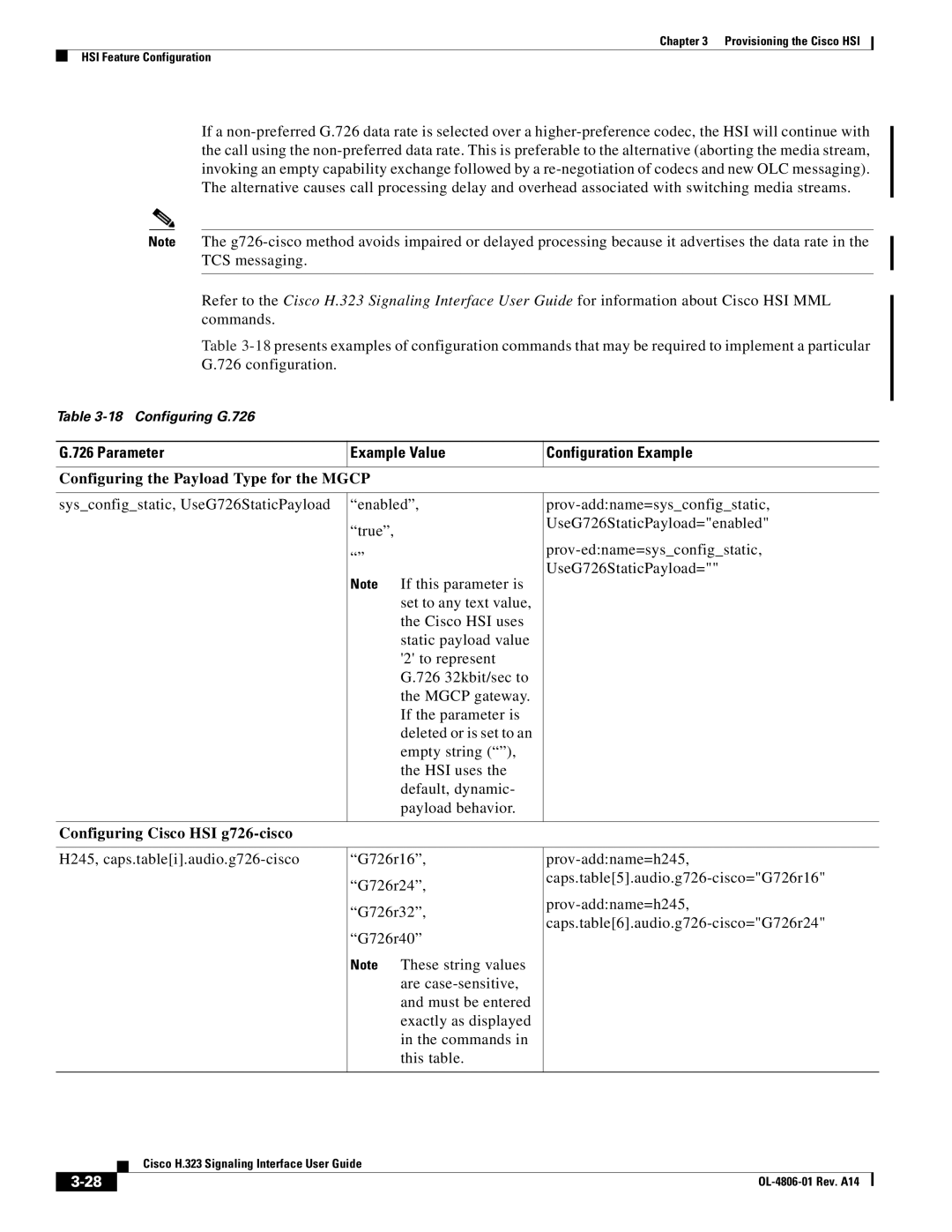 Cisco Systems H.323 manual Parameter Example Value Configuration Example, Configuring the Payload Type for the Mgcp 