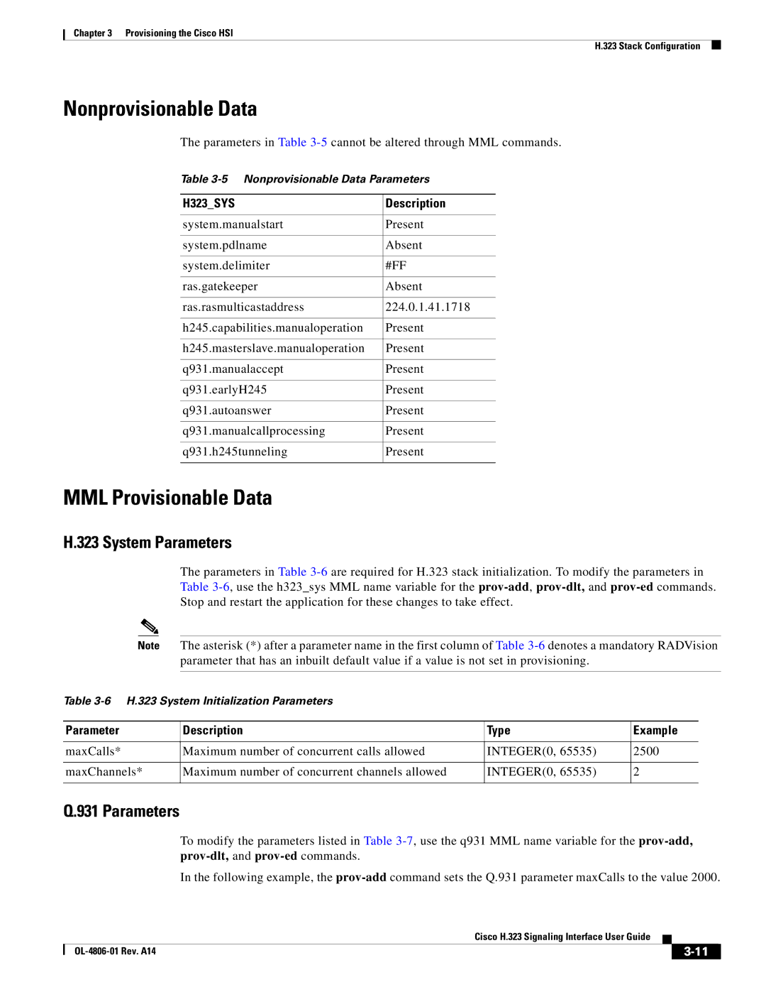 Cisco Systems H.323 appendix Nonprovisionable Data, MML Provisionable Data, System Parameters 