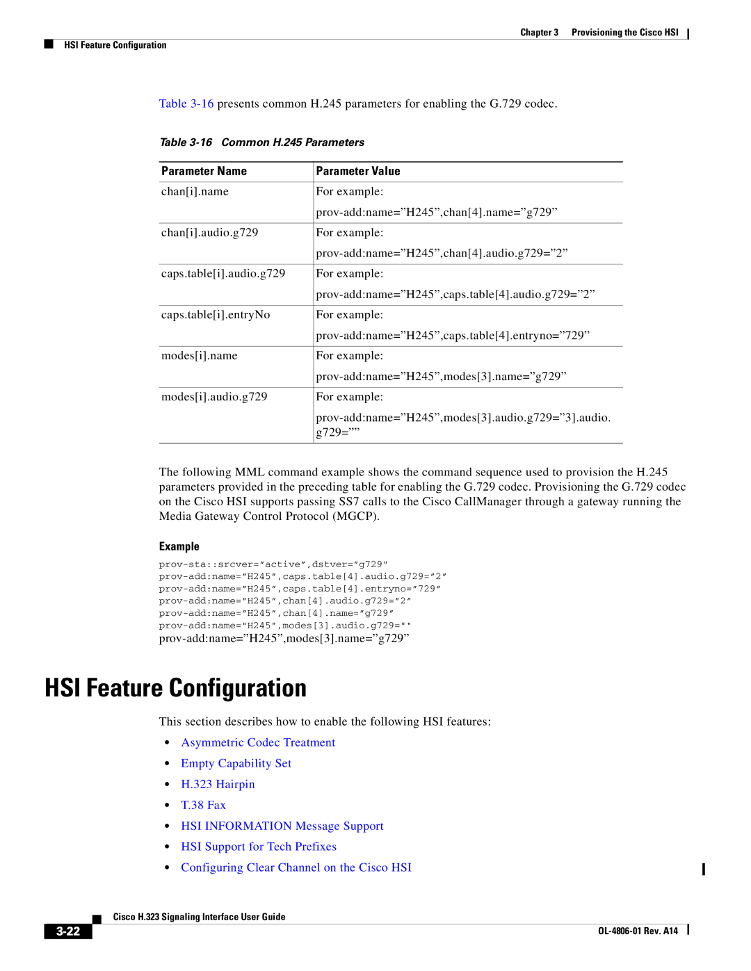 Cisco Systems H.323 appendix HSI Feature Configuration, Parameter Name Parameter Value 