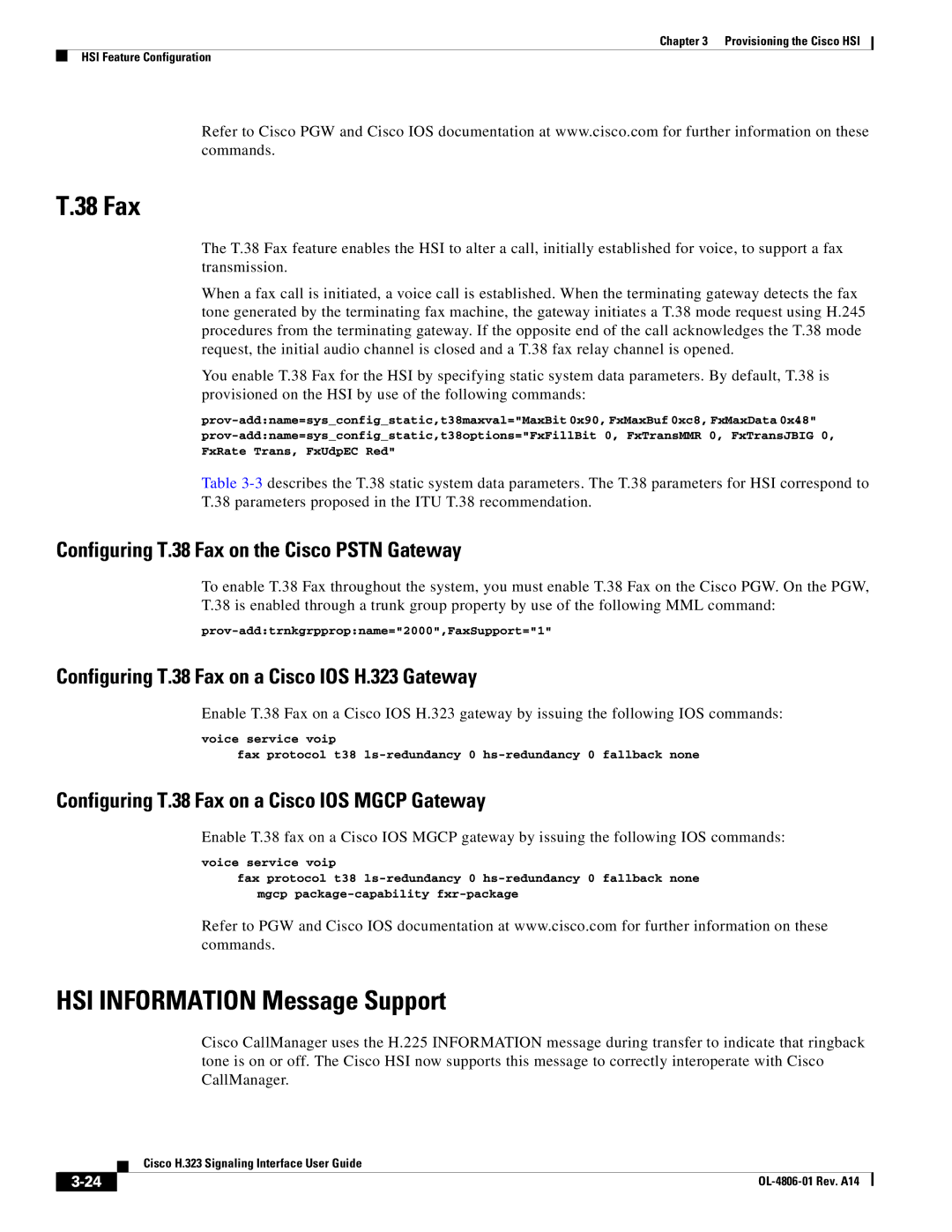 Cisco Systems H.323 appendix HSI Information Message Support, Configuring T.38 Fax on the Cisco Pstn Gateway 