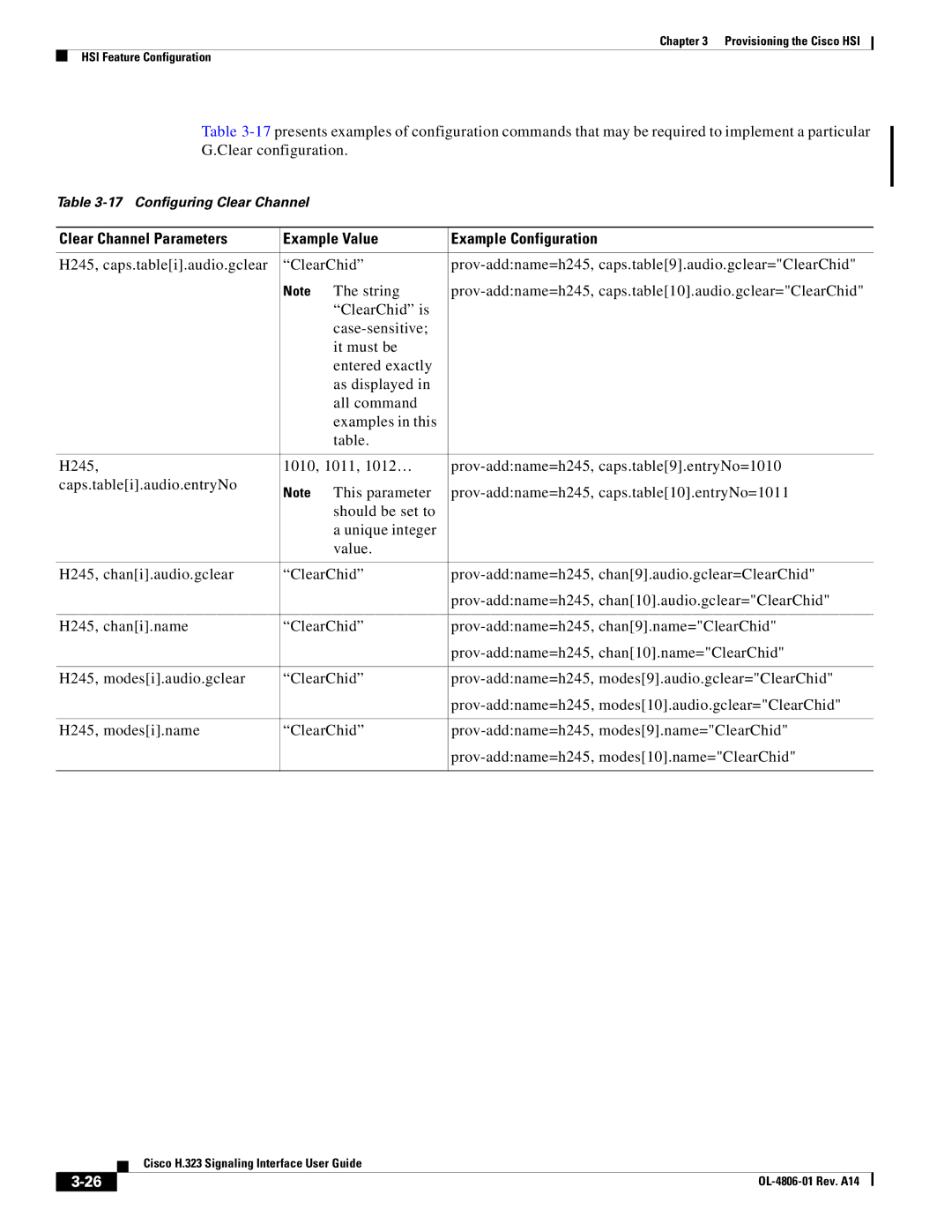 Cisco Systems H.323 appendix Clear Channel Parameters Example Value Example Configuration 