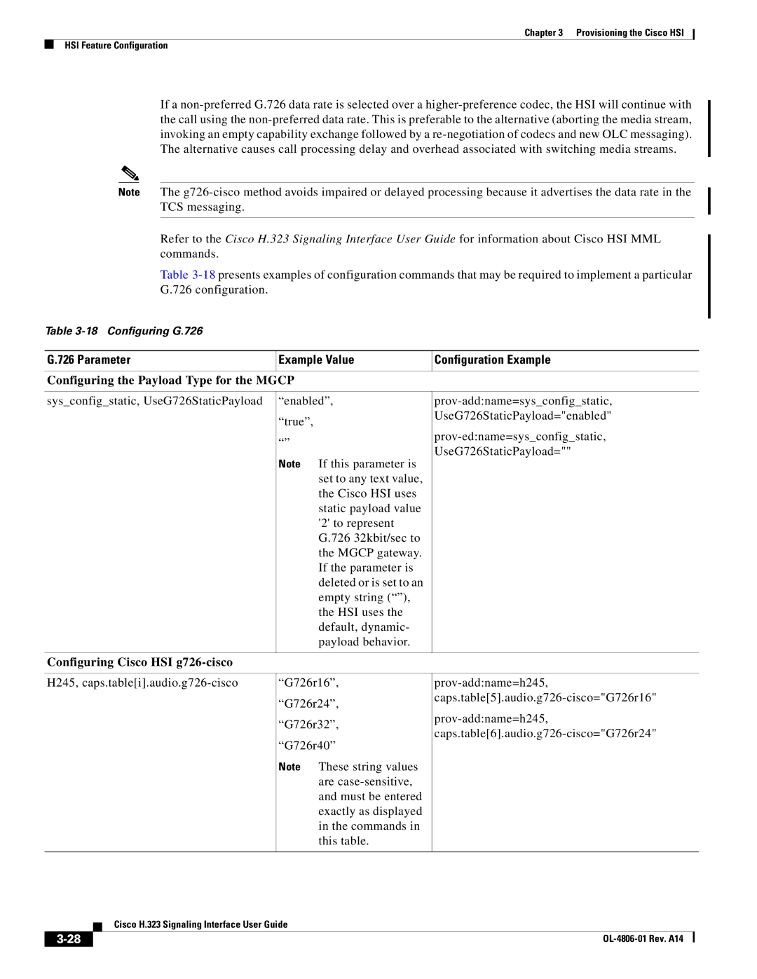 Cisco Systems H.323 appendix Parameter Example Value Configuration Example, Configuring the Payload Type for the Mgcp 