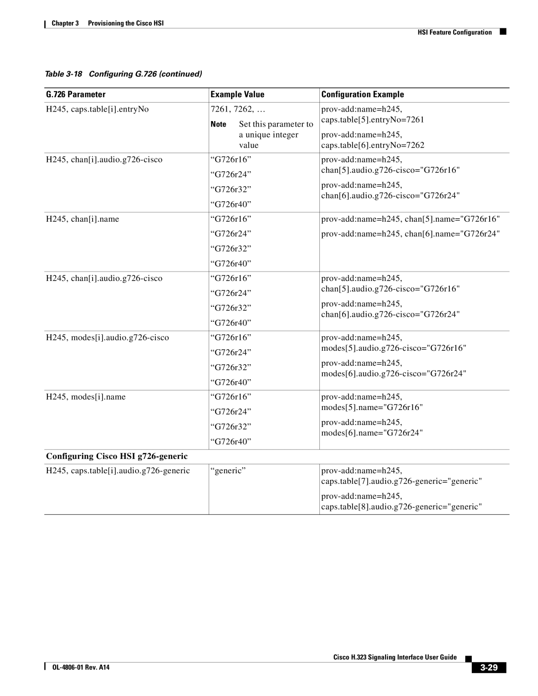 Cisco Systems H.323 appendix Configuring Cisco HSI g726-generic 