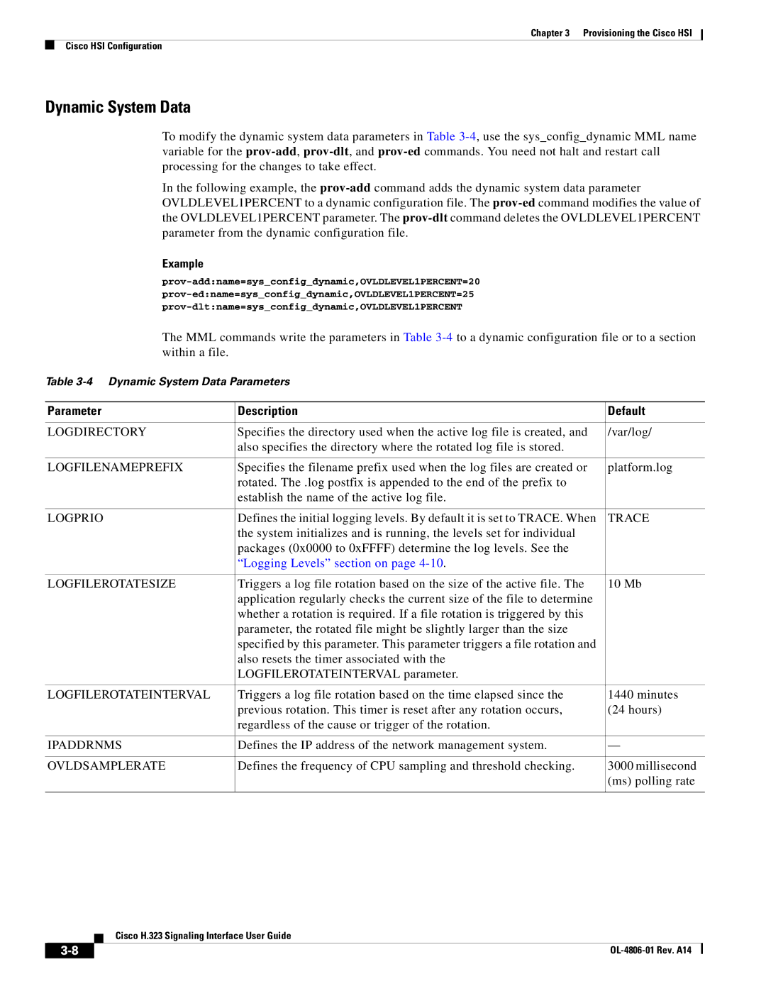 Cisco Systems H.323 appendix Dynamic System Data, Parameter Description Default 