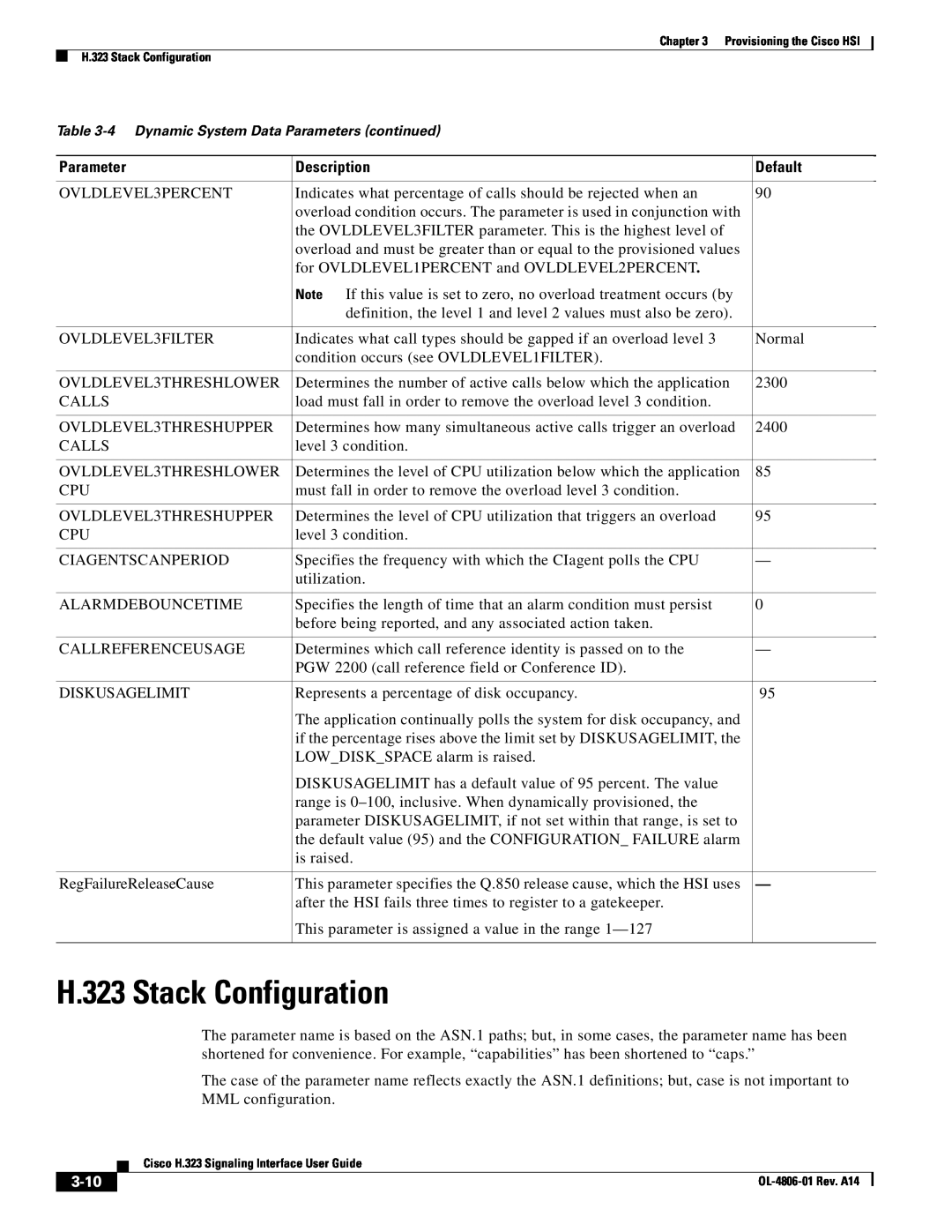 Cisco Systems appendix H.323 Stack Configuration, 3-10, Parameter, Description, Default 