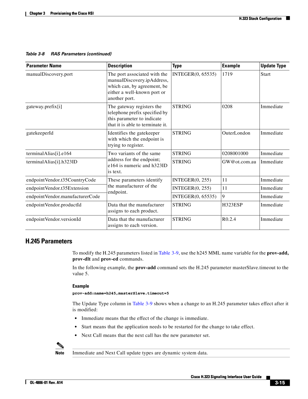 Cisco Systems H.323 appendix H.245 Parameters, 3-15, Parameter Name, Description, Type, Example 