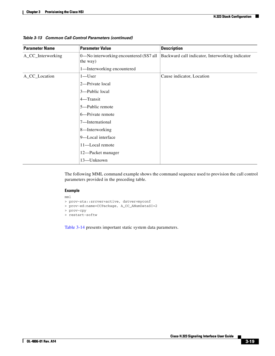 Cisco Systems H.323 appendix 3-19, Parameter Name, Parameter Value, Description, Example 