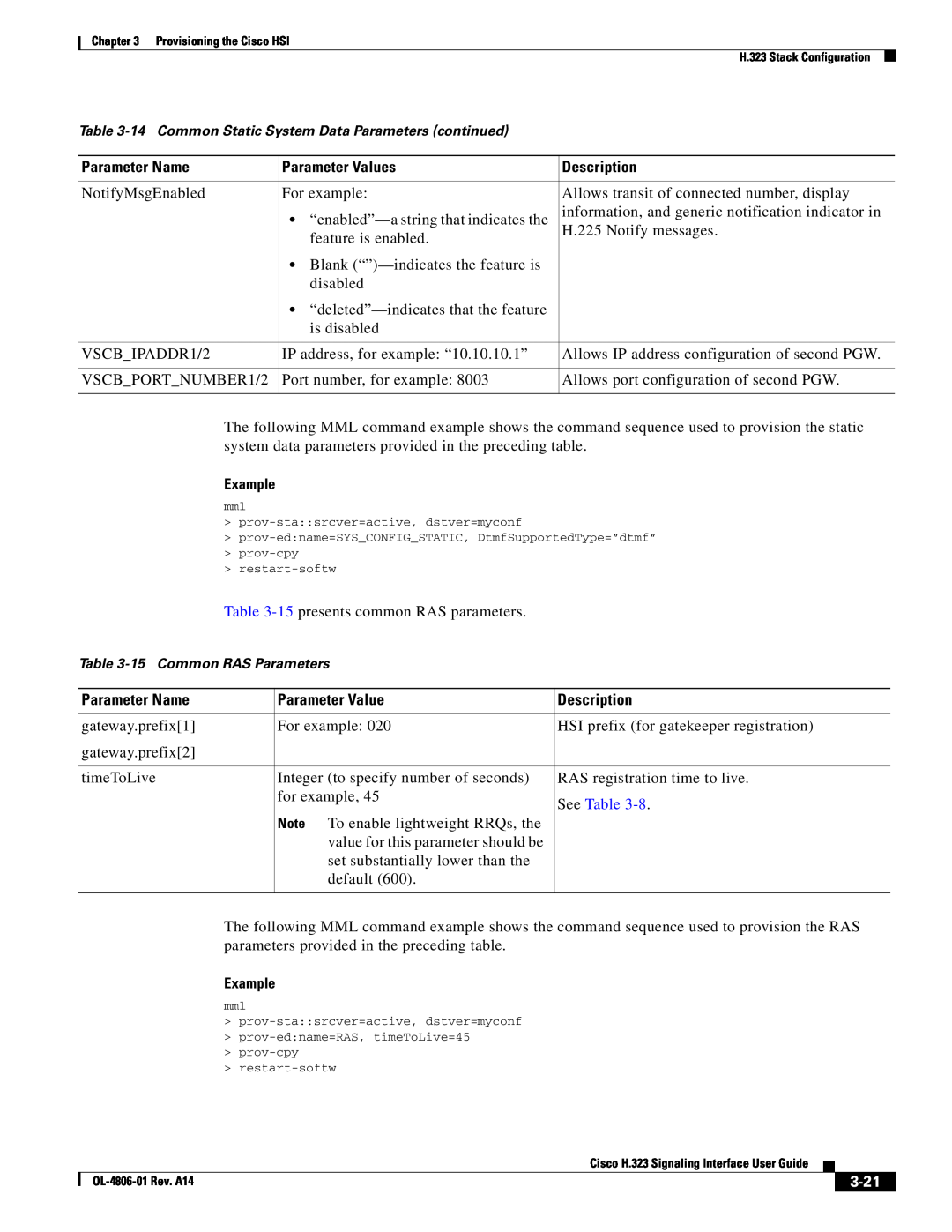 Cisco Systems H.323 appendix See Table, 3-21, Parameter Name, Parameter Values, Description, Example 