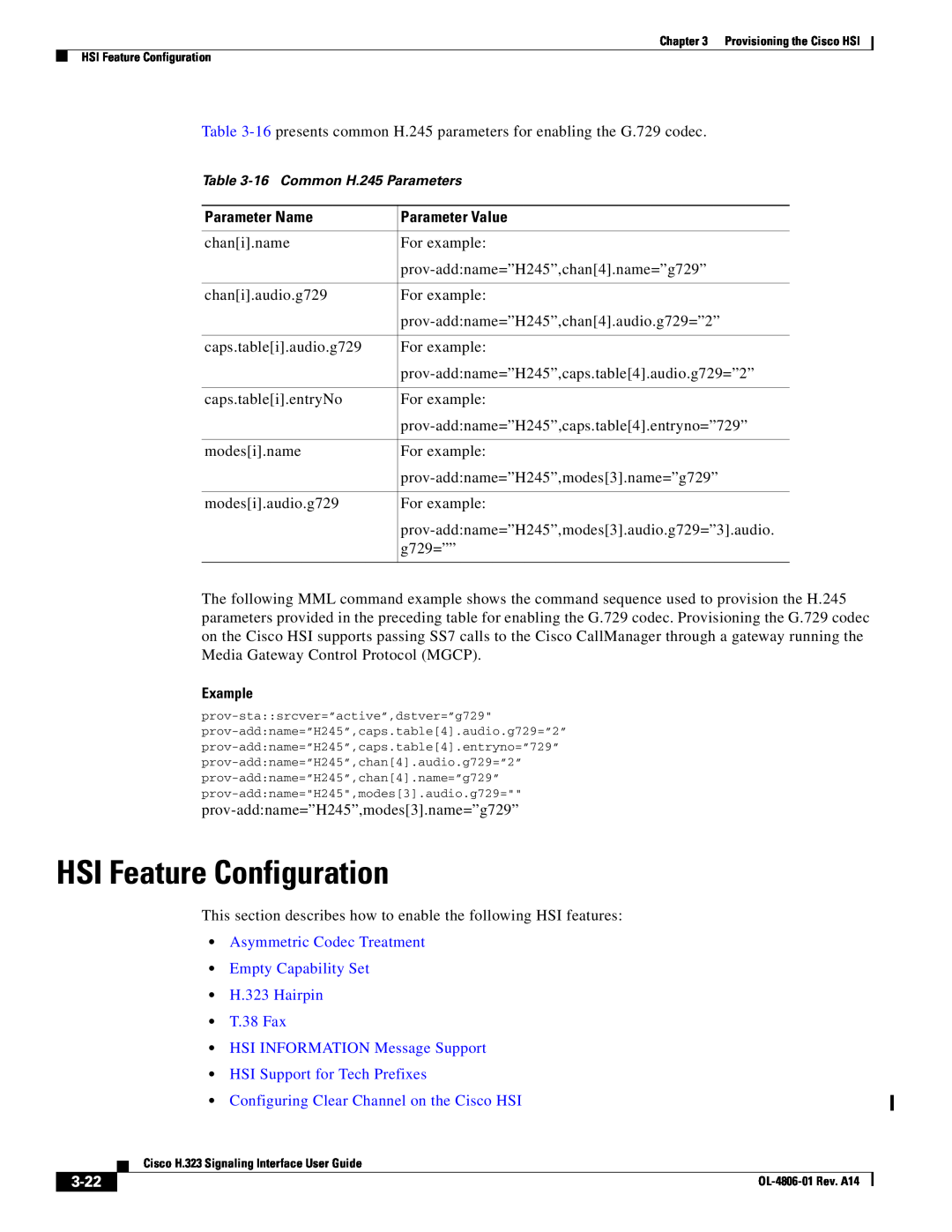 Cisco Systems HSI Feature Configuration, Asymmetric Codec Treatment Empty Capability Set H.323 Hairpin, 3-22, Example 
