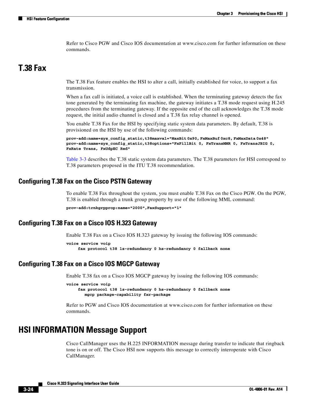 Cisco Systems H.323 appendix HSI INFORMATION Message Support, Configuring T.38 Fax on the Cisco PSTN Gateway, 3-24 