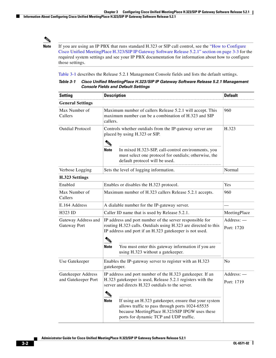 Cisco Systems H.323/SIP manual Setting Description Default, General Settings 