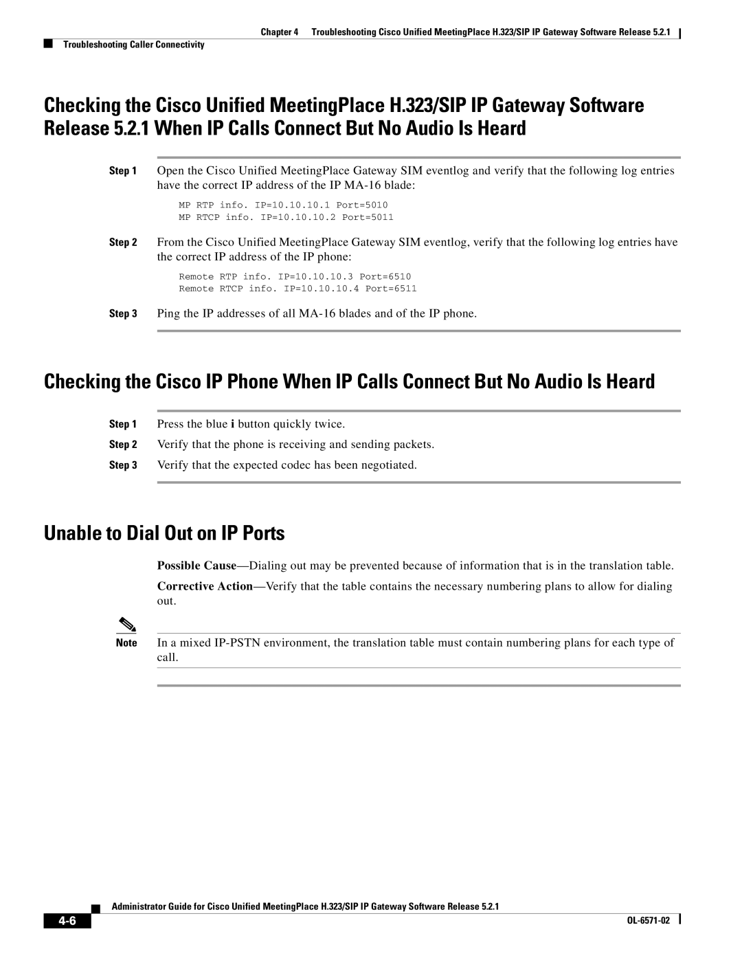 Cisco Systems H.323/SIP manual Unable to Dial Out on IP Ports 