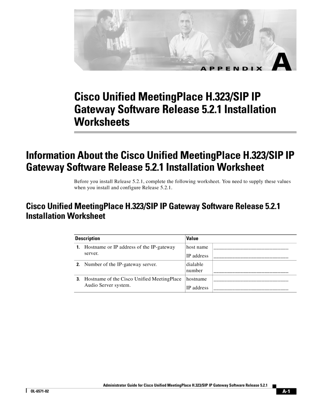 Cisco Systems H.323/SIP manual Worksheets, Description Value 