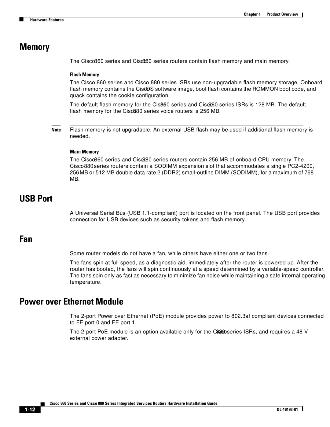 Cisco Systems HIG880, C892FSPK9, 861WGNPK9RF, 860 manual Memory, USB Port, Fan, Power over Ethernet Module 