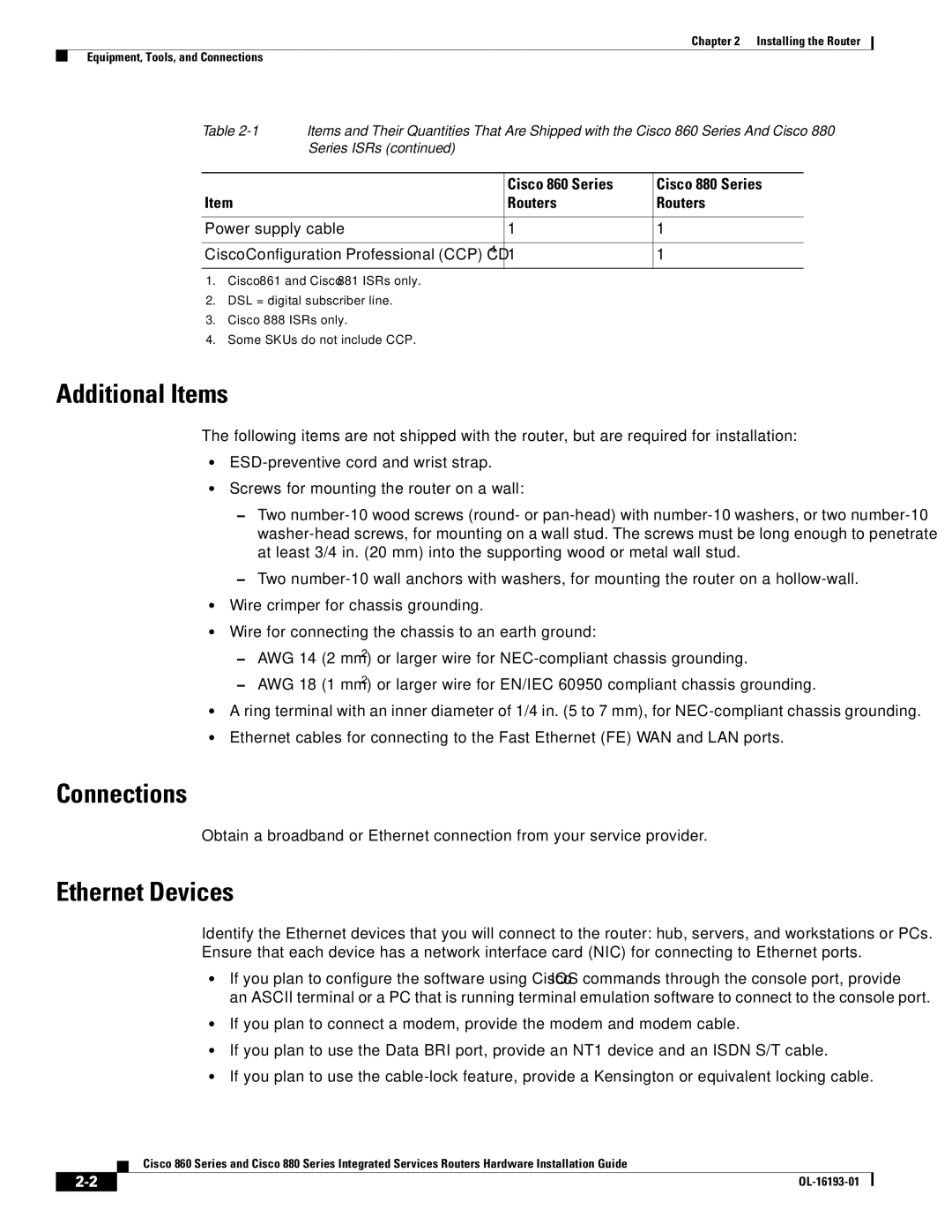 Cisco Systems 861WGNPK9RF, HIG880, C892FSPK9, 860 manual Additional Items, Connections, Ethernet Devices 