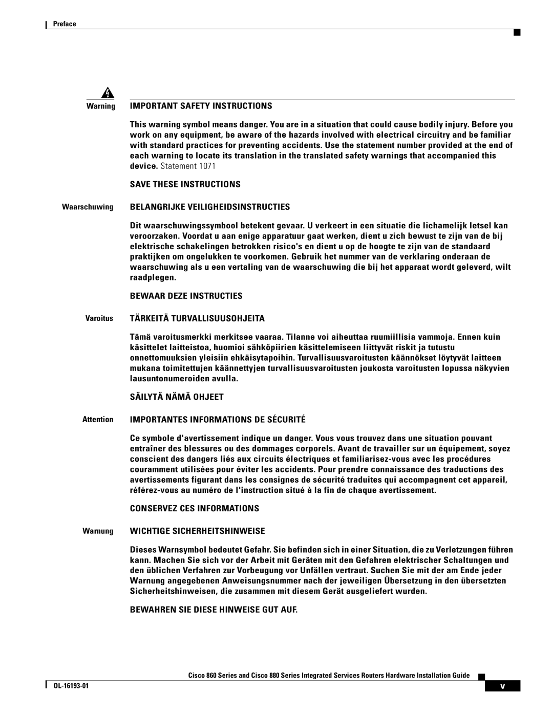 Cisco Systems 860, HIG880, C892FSPK9, 861WGNPK9RF manual Bewaar Deze Instructies, Warnung Wichtige Sicherheitshinweise 