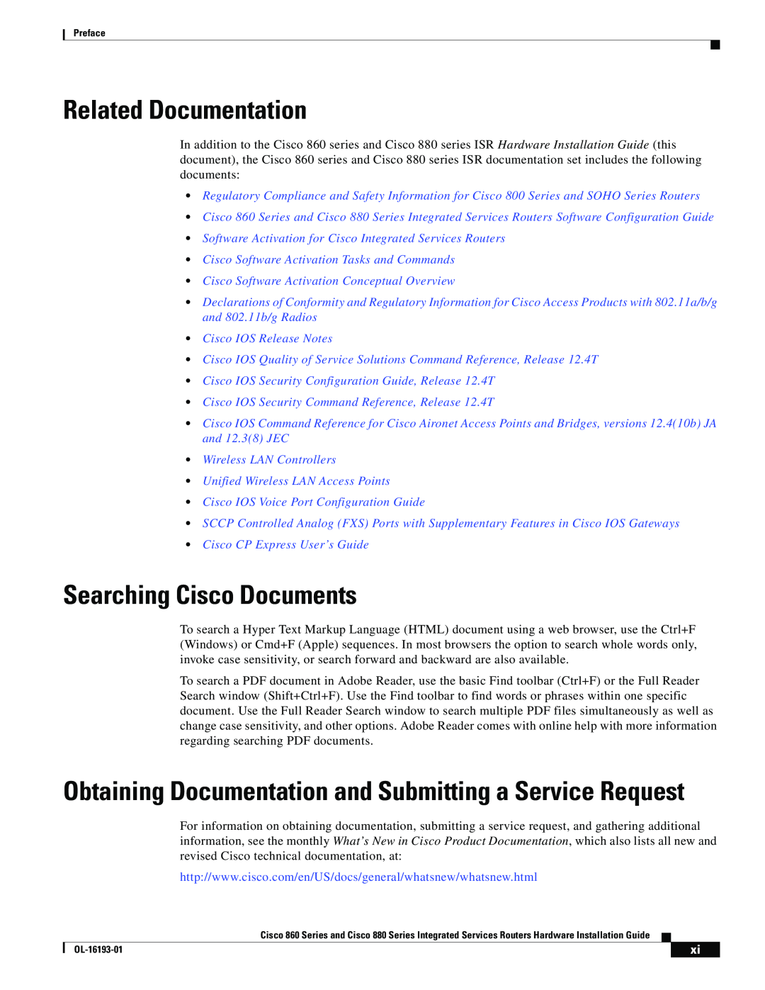 Cisco Systems HIG880, C892FSPK9, 861WGNPK9RF, 860 manual Related Documentation, Searching Cisco Documents 