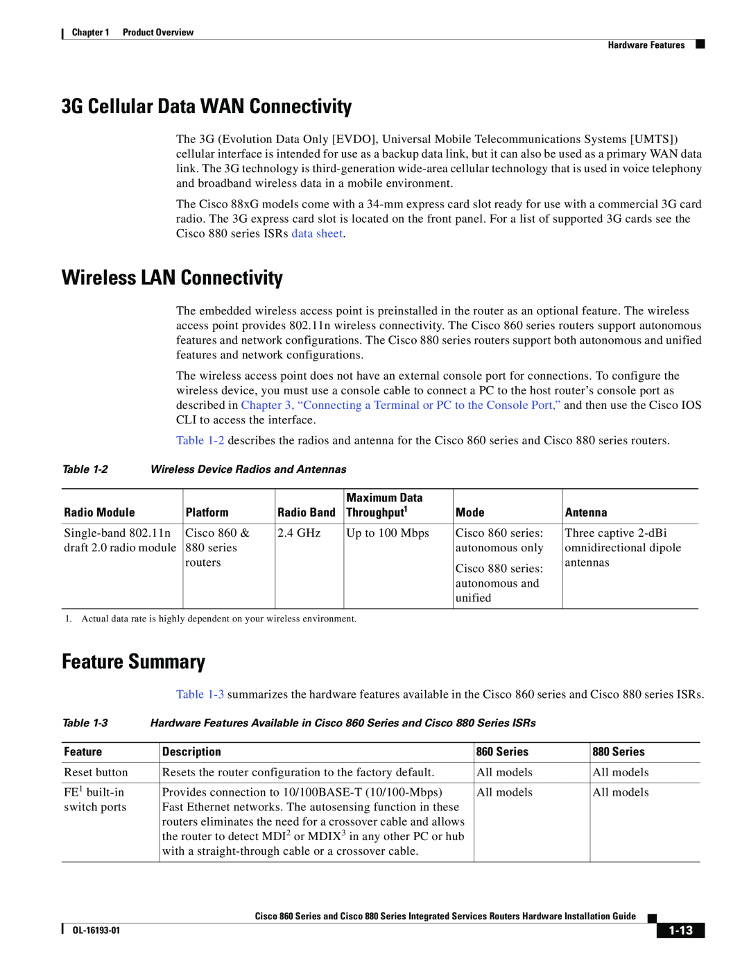 Cisco Systems 861W, HIG880 3G Cellular Data WAN Connectivity, Wireless LAN Connectivity, Feature Summary, 1-13, Radio Band 