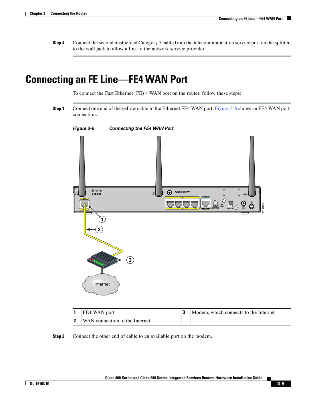 Cisco Systems C892FSPK9, HIG880, 861WGNPK9RF, 860 manual Connecting an FE Line-FE4 WAN Port 
