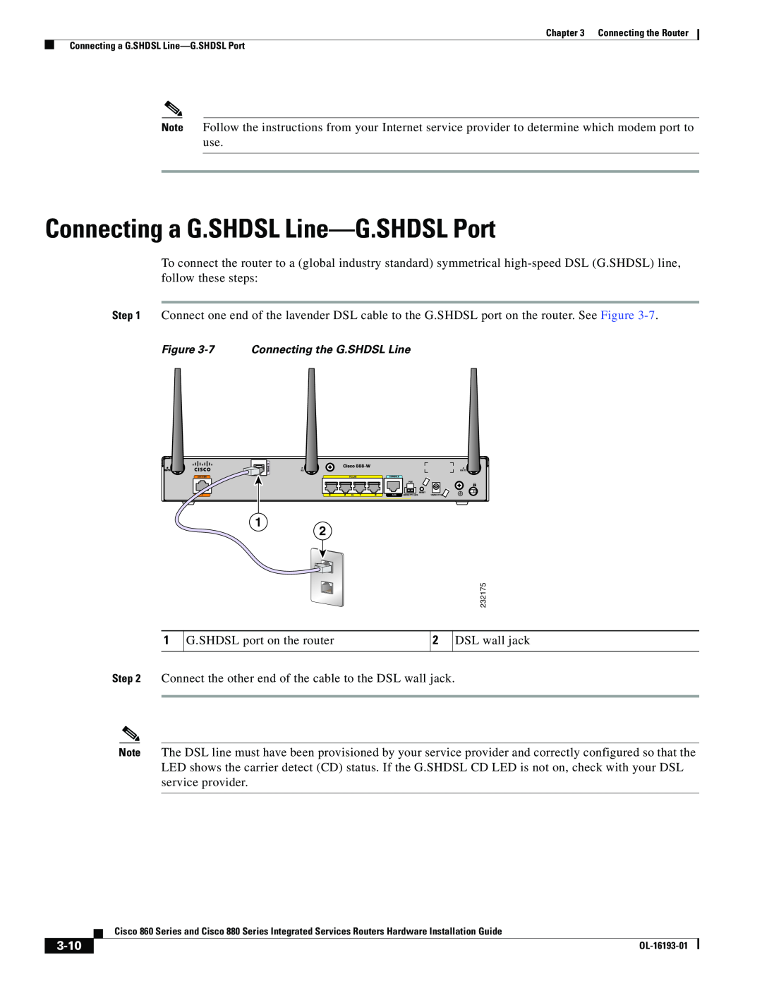 Cisco Systems 861WGNPK9RF, HIG880, C892FSPK9, 860 manual Connecting a G.SHDSL Line-G.SHDSL Port, 3-10 