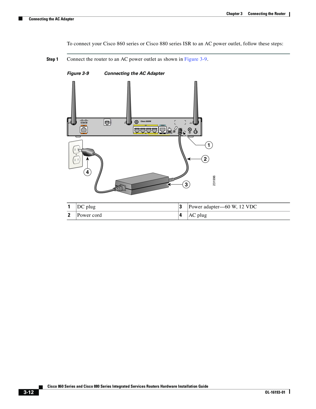 Cisco Systems HIG880, C892FSPK9, 861WGNPK9RF, 860 manual 3-12, 9 Connecting the AC Adapter 
