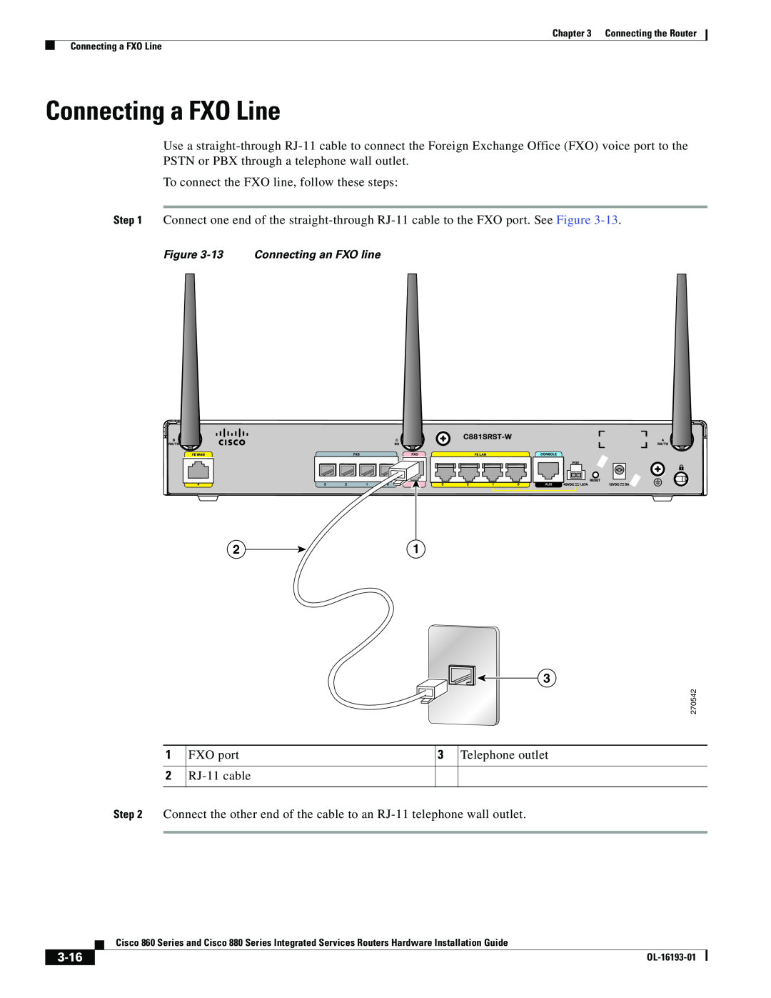 Cisco Systems C892FSPK9, HIG880, 861WGNPK9RF, 860 manual Connecting a FXO Line, 3-16 
