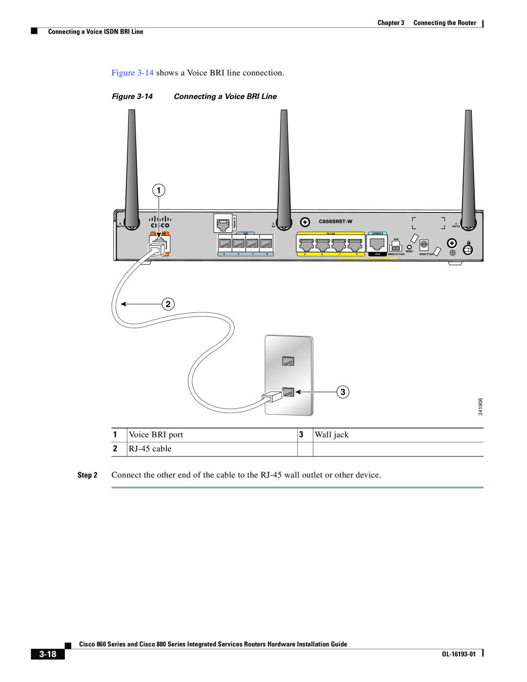 Cisco Systems 861 3-18, 14 Connecting a Voice BRI Line, Connecting the Router Connecting a Voice ISDN BRI Line, 241906 