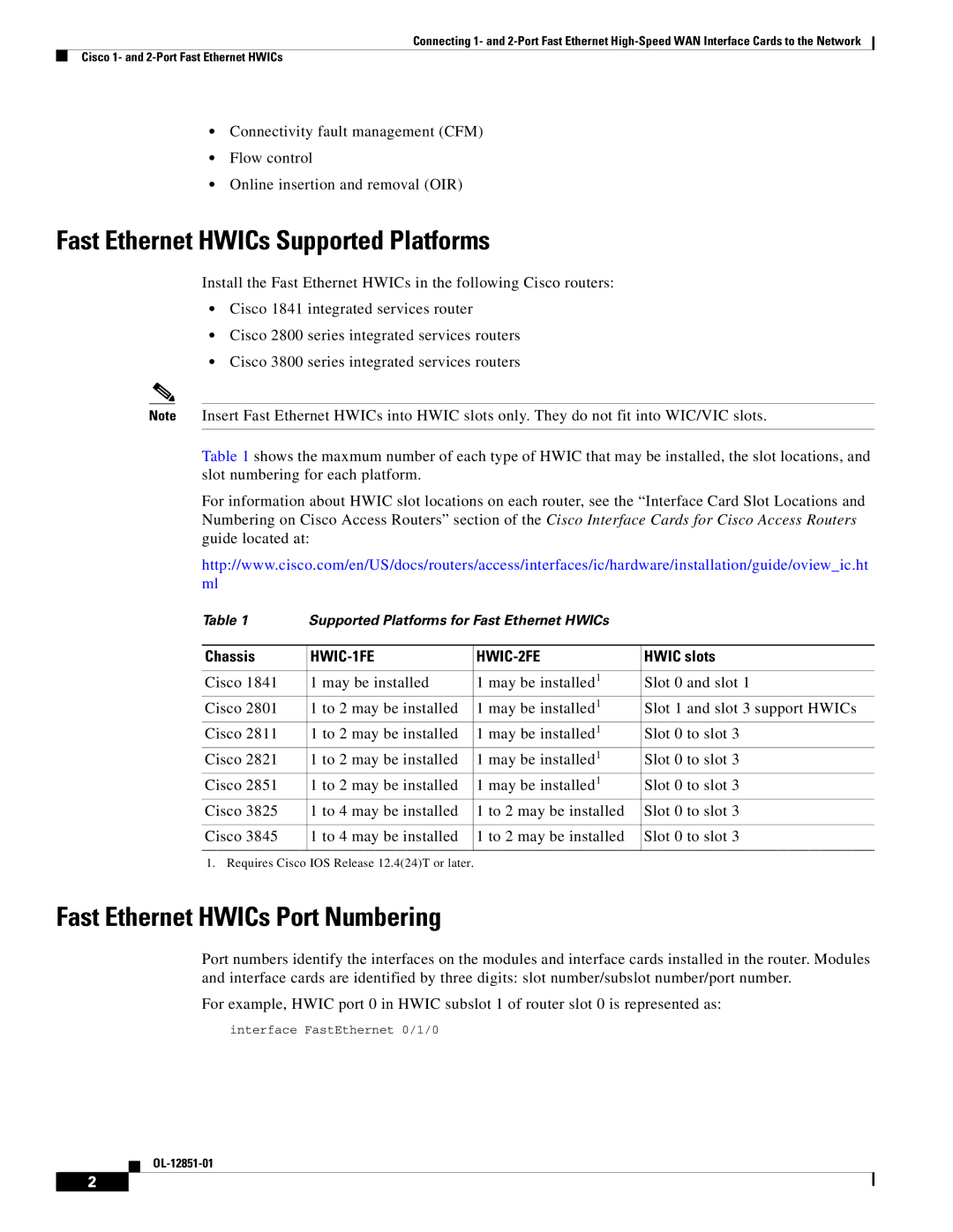 Cisco Systems HWIC1FERF Fast Ethernet HWICs Supported Platforms, Fast Ethernet HWICs Port Numbering, Chassis, Hwic slots 