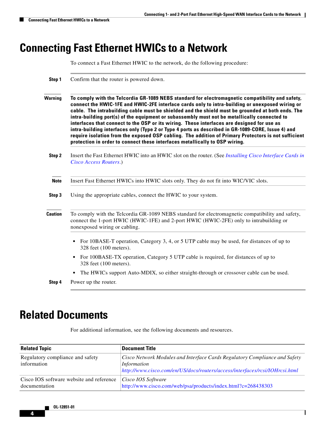 Cisco Systems HWIC1FERF manual Connecting Fast Ethernet HWICs to a Network, Related Documents, Related Topic Document Title 