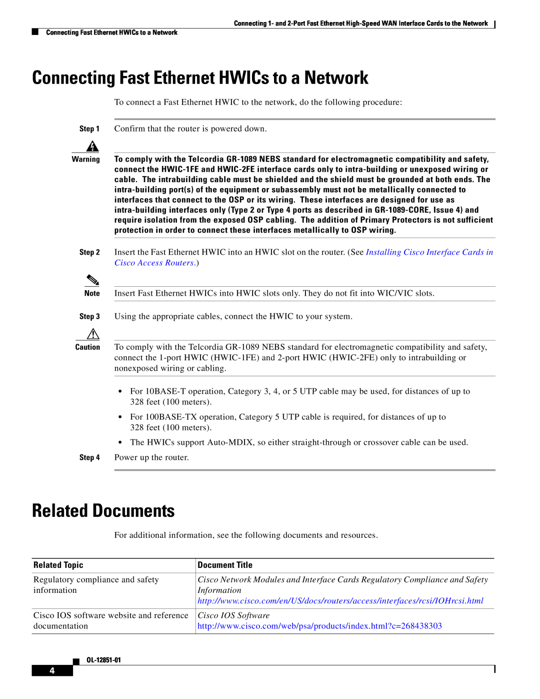 Cisco Systems HWIC1FERF Connecting Fast Ethernet HWICs to a Network, Related Documents, Related Topic, Document Title 
