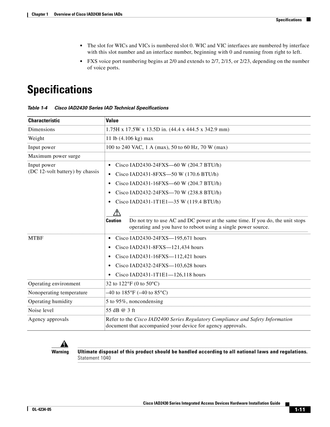 Cisco Systems IAD2430 Series specifications Specifications, Characteristic, Value, 1-11 