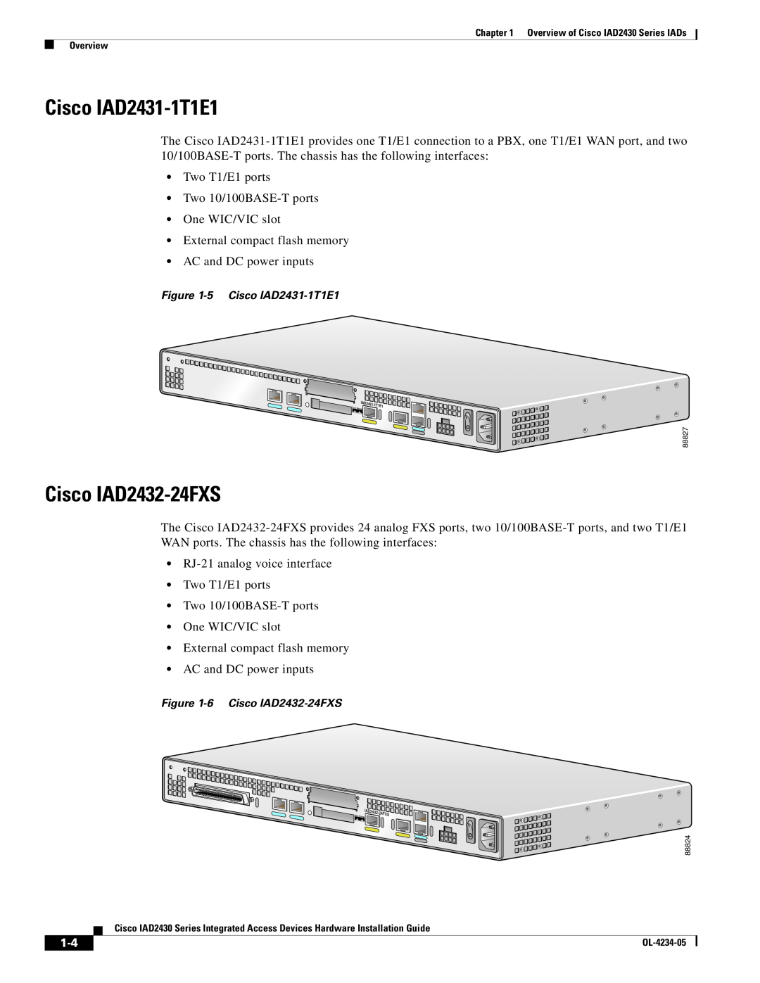 Cisco Systems IAD2430 Series specifications 5 Cisco IAD2431-1T1E1, 6 Cisco IAD2432-24FXS 