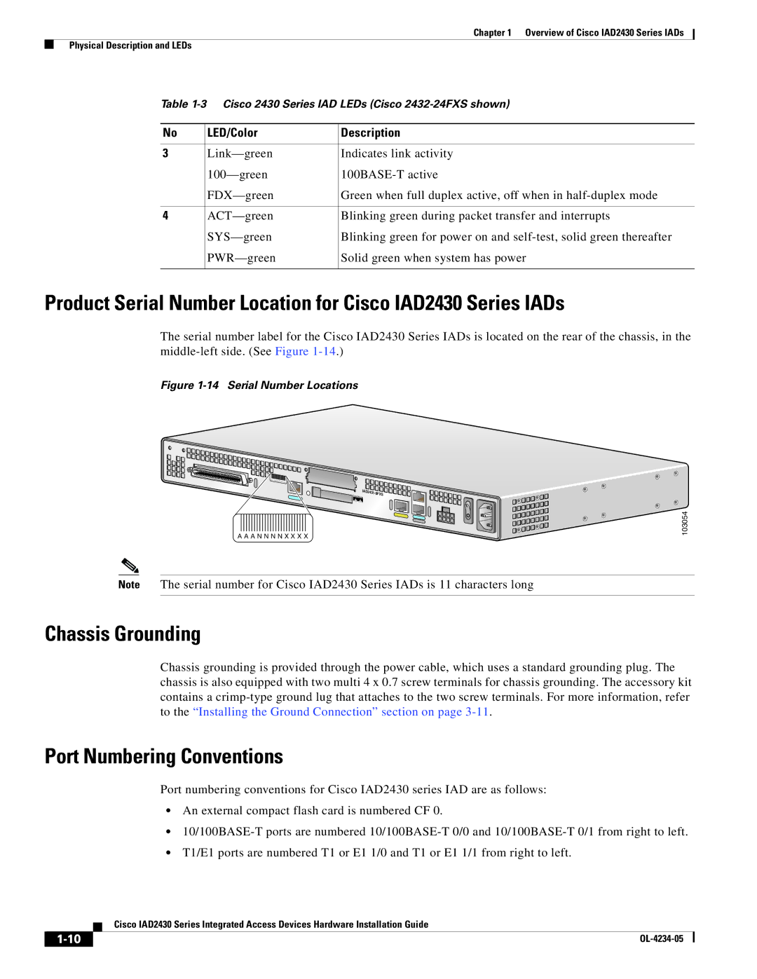 Cisco Systems IAD2430 Series specifications Chassis Grounding, Port Numbering Conventions 